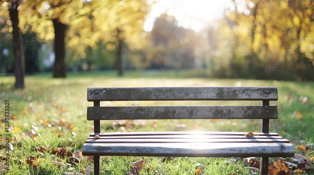 Aufkleber Empty bench illuminated by soft sunlight surrounded by falling leaves in a peaceful park setting : Generative AI