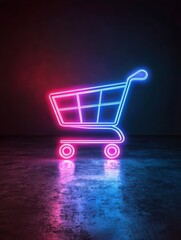 Neon Shopping Cart: Glowing neon shopping cart symbol in vibrant pink and blue hues, reflecting on a dark, polished surface, conveying a modern and stylish retail experience.