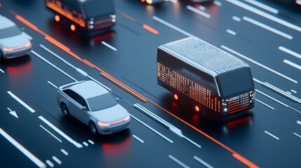 Futuristic city traffic scene featuring illuminated vehicles on a busy highway at night