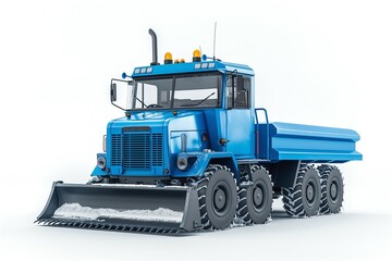 Naklejka premium A blue snowplow truck with large tires and a front blade, ready for winter road conditions.