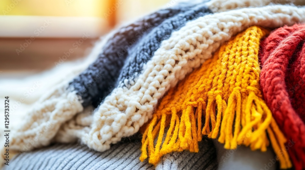 Poster warm and colorful knitted blankets folded and arranged stylishly indoors : generative ai