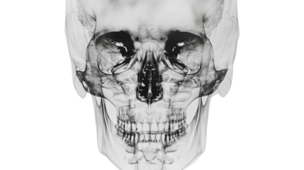 Human skull x-ray showing teeth and bones on transparent background