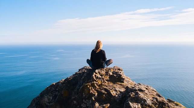 Person sitting on a rocky cliff overlooking a vast ocean on a sunny day : Generative AI