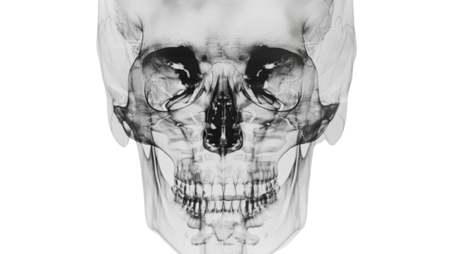 Human skull x-ray showing teeth and bones on transparent background