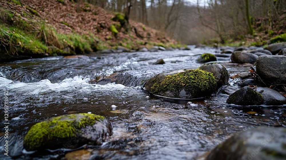 Poster serene freshwater stream flowing over mossy rocks in a tranquil forest setting : generative ai