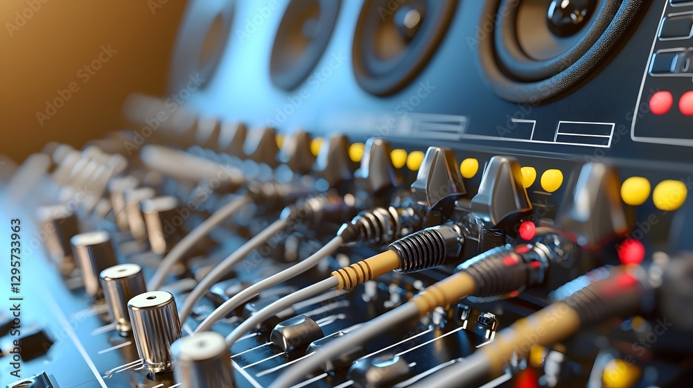 Poster Close up image of banana plugs securely attached to speaker wires enhancing conductivity and ensuring a audio connection for professional audio equipment and music production setups