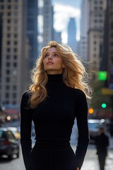 Fototapeta premium A woman in a black turtle neck top standing in the middle of a city