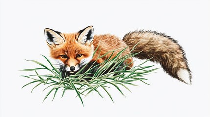 Obraz premium Red fox kit in grass, white background, wildlife illustration