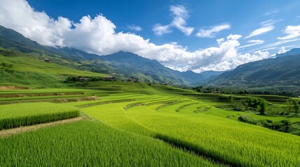 Obraz premium Breathtaking Aerial View of Verdant Rice Terraces and Majestic Mountains : Generative AI