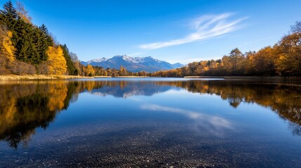 Scenic view of a calm lake surrounded by autumn trees and majestic mountains : Generative AI