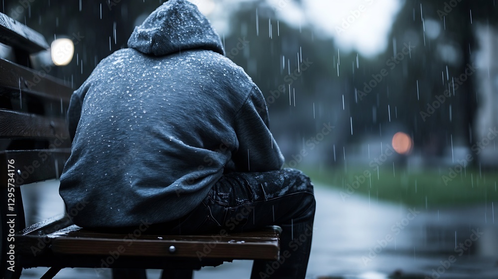Poster lonely figure in a hoodie sitting on a bench under falling rain : generative ai