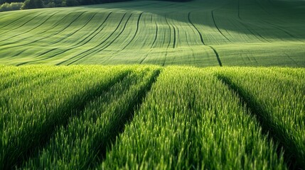 Expansive view of vibrant green fields with rolling hills in a serene agricultural landscape at sunset : Generative AI