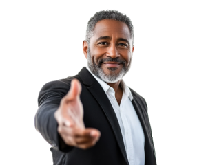 Smiling African American businessman offering handshake, isolated on transparent cutout background
