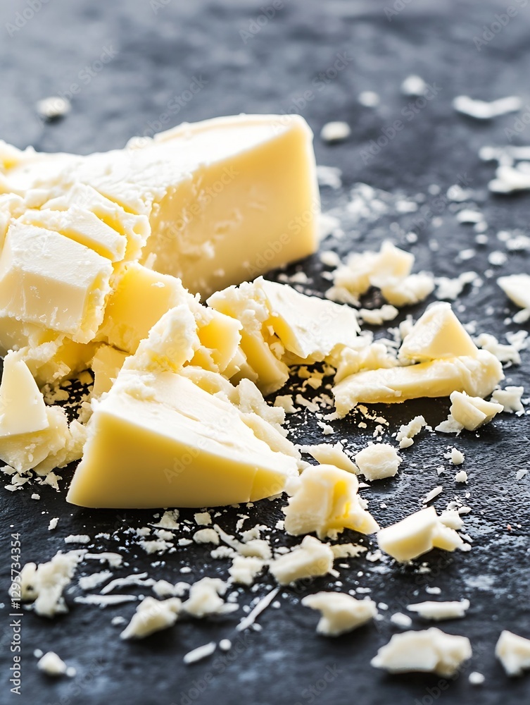 Poster chunks of cracked white chocolate on a dark slate background highlighting texture and freshness : ge