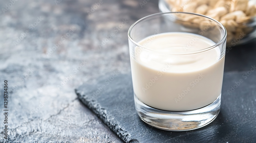 Poster Creamy yogurt in a glass with oats served on dark rustic table setting for a healthy breakfast : Generative AI