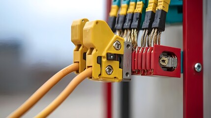 Close up of a Professional Metal Wire Crimping Tool Attaching Electrical Connectors to Multicolored Electrical Cables for Installation or Repair Work
