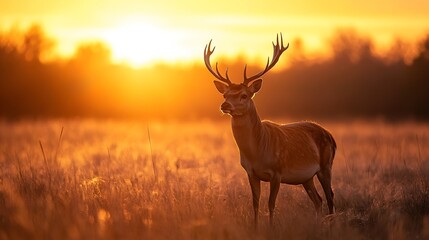 Naklejka premium Majestic deer standing in a golden field during sunrise highlighting nature's beauty : Generative AI
