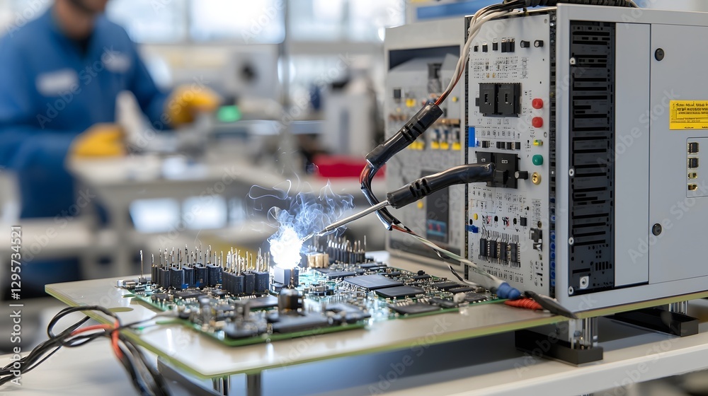 Leinwandbilder Close up of a technician soldering a power cable to a circuit board in a precise controlled workshop environment  The image showcases the intricate process of electronic component assembly and repair