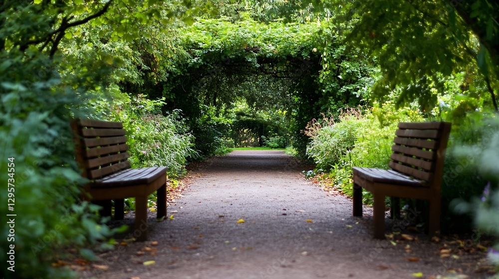 Poster lush green pathway framed by overhanging foliage and empty benches : generative ai