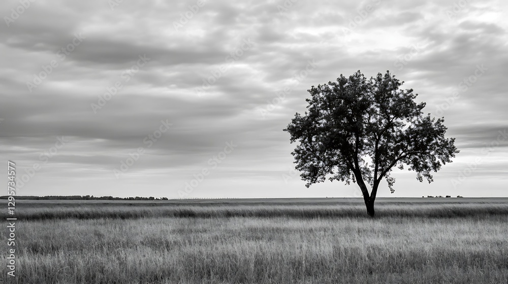 Poster solitary tree standing tall on a vibrant grassland under a cloudy sky : generative ai