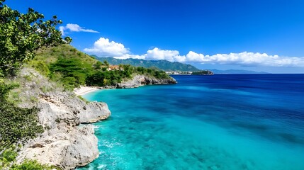 Fototapeta premium Stunning coastal landscape with clear blue water and tropical vegetation under a bright sunny sky : Generative AI