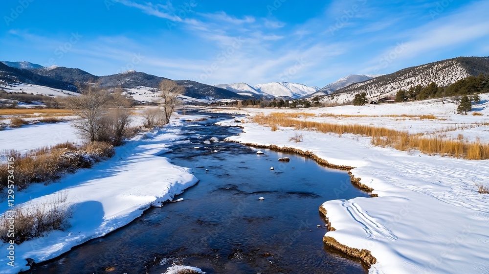 Poster scenic view of a snowy river and mountains under a bright blue sky with felled trees : generative ai