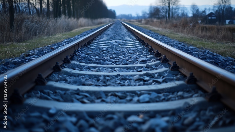 Poster Quiet and Distant View of Train Tracks Through Grass Under a Moody Sky : Generative AI