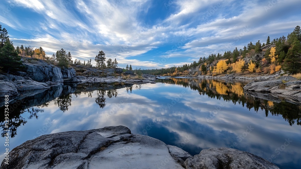 Poster stunning calm lake reflections surrounded by colorful autumn trees : generative ai