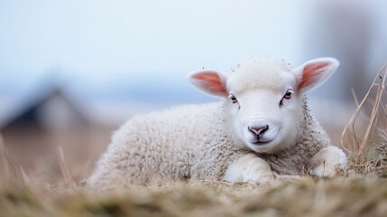 Fototapeta premium Cute lamb lying on soft grass in a serene countryside setting under a calm blue sky : Generative AI