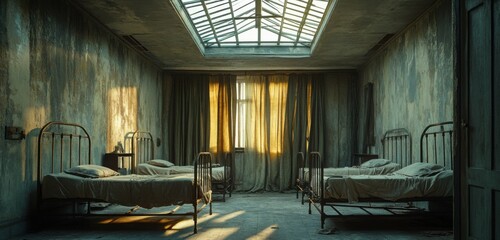 Early 1900s hospital ward with iron-framed beds, faded curtains, and a large ventilated skylight