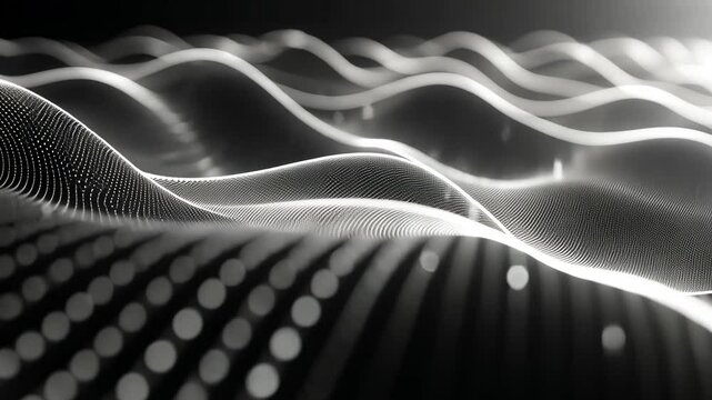 Abstract Digital Waveform:  A grayscale rendering of flowing data points creating a dynamic wave pattern.  Perfect for tech, AI, or science backgrounds.