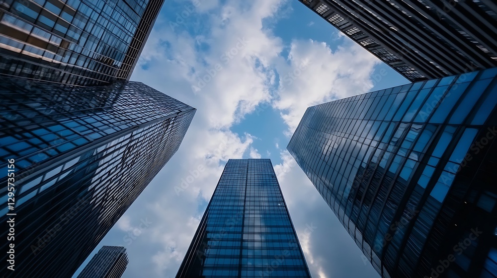Poster Architectural view of skyscrapers reaching towards the sky captured from a unique upward angle : Generative AI