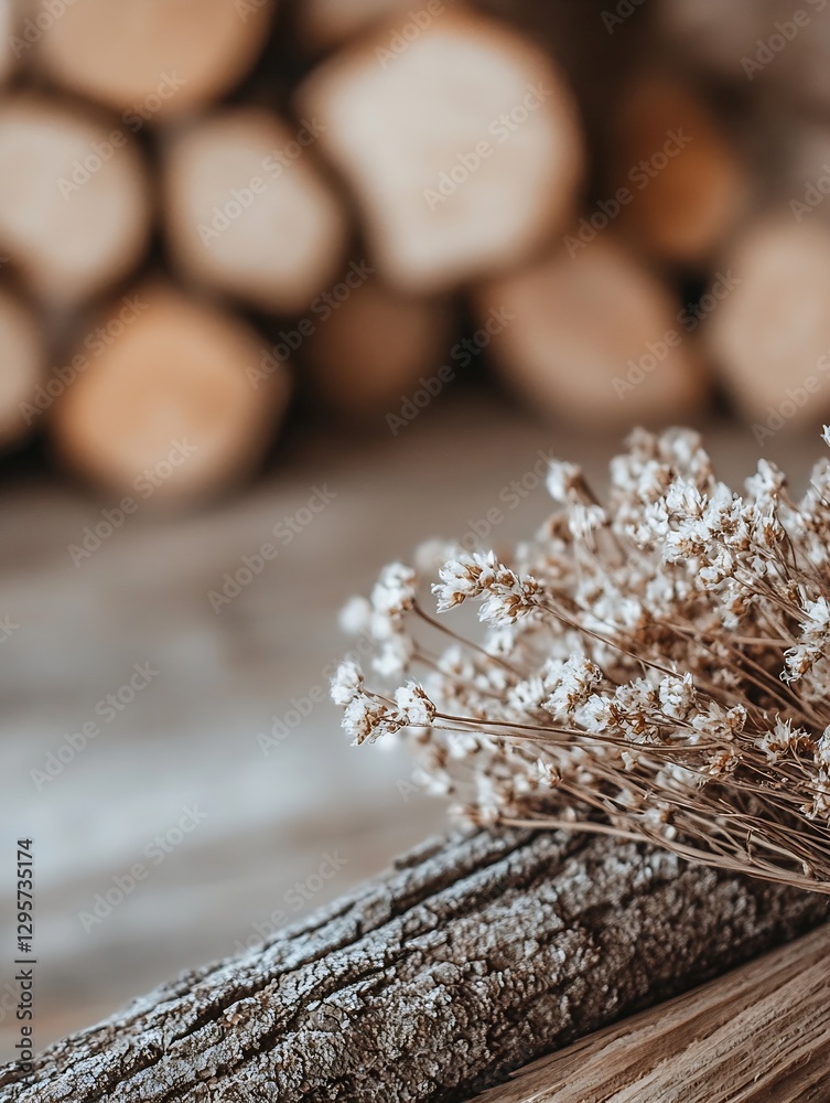 Poster beautiful arrangement of dried flowers on rustic wooden logs creating a serene ambiance : generative
