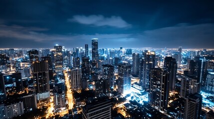 Obraz premium Vibrant city skyline illuminated at night showcasing urban beauty and modern architecture with lively streets : Generative AI