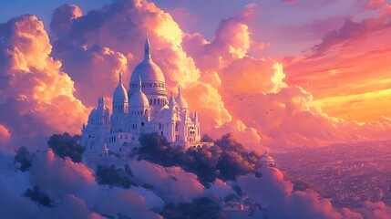 Obraz premium An anime-style depiction of the Sacré-Cœur Basilica, its white domes glowing softly under a vibrant pink and orange sunset, surrounded by whimsical clouds floating gently in the sky. --ar 16:9