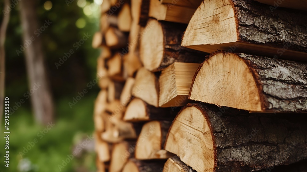 Aufkleber close up of stacked natural wood logs in forest setting for rustic decor : generative ai