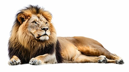 Obraz premium This image showcases a regal lion resting, with a beautiful mane and fierce expression, highlighting its majestic presence.