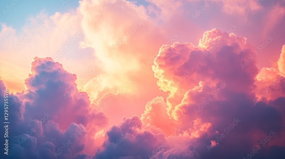 Poster an enchanting view of fluffy clouds bathed in hues of pink and orange as the sun sets, creating a pe