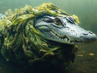 Fototapeta premium Serene Underwater Scene Featuring a Crocodile Camouflaged with Green Aquatic Plants in a Tranquil Freshwater Habitat