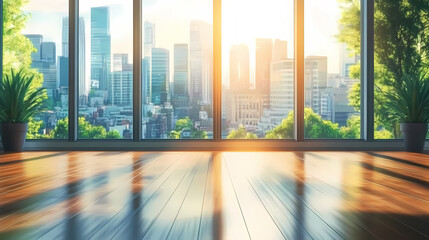 Interior with City Skyline and Sunlight