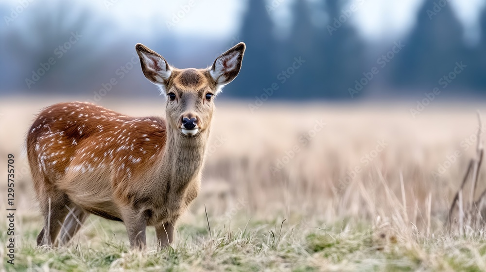 Poster curious deer standing gracefully in grassy meadow with blurred background : generative ai
