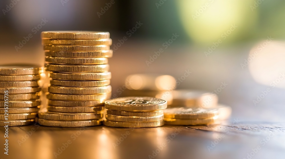 Poster stack of shiny gold coins arranged beautifully on a wooden surface reflecting light showcasing wealt