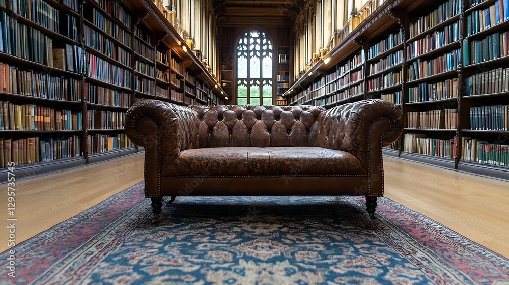 Poster classic chesterfield sofa in an elegant library surrounded by books : generative ai