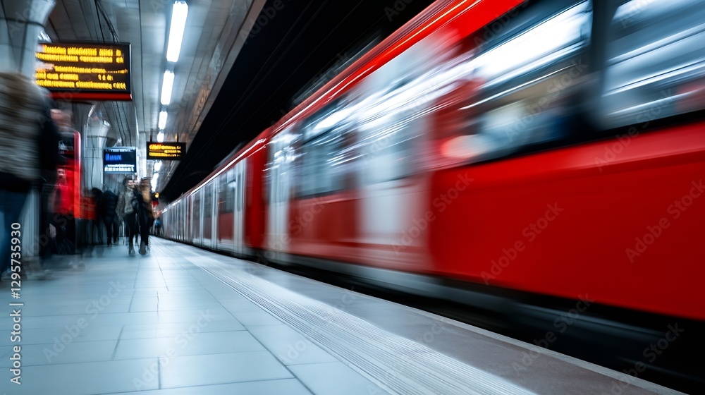 Poster dynamic motion blur of a red subway train arriving at an underground station : generative ai