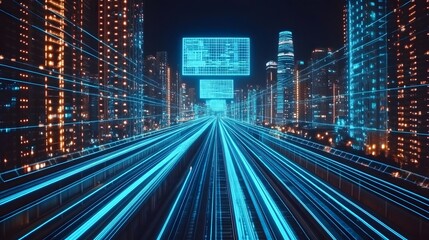 Fototapeta premium Futuristic cityscape with glowing data streams and digital displays illuminating the skyline