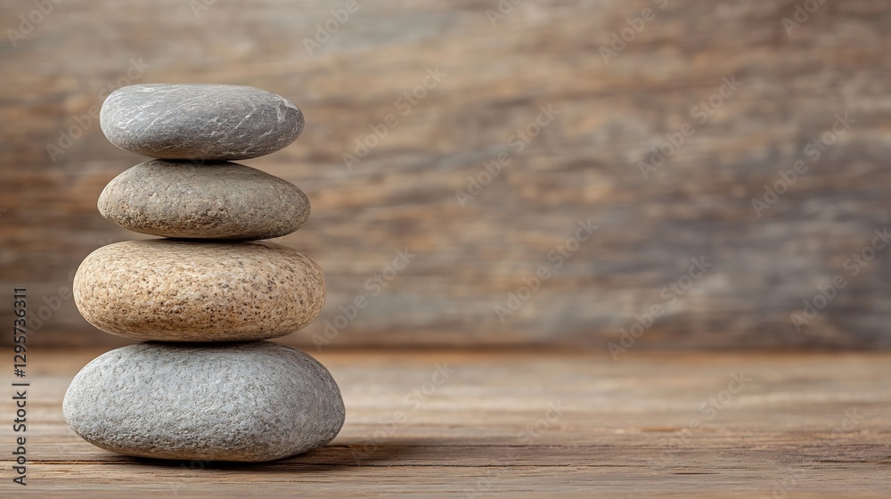 Poster Stacked Stones on Wooden Surface Symbolizing Balance and Serenity in a Natural Setting : Generative AI
