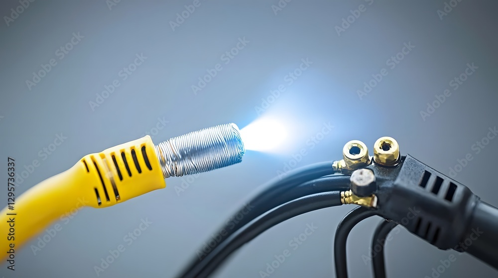 Aufkleber close up view of a heat gun shrinking insulation tubing over a soldered wire connection on a workben
