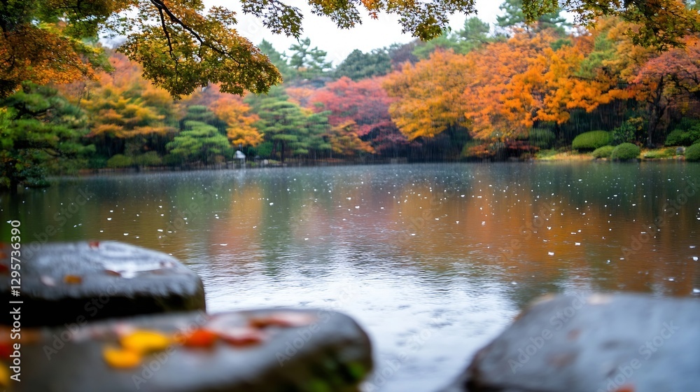 Poster serene autumn landscape with colorful trees reflecting in calm lake during rain : generative ai