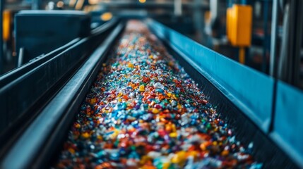 An optical sorter machine works efficiently in a recycling facility, sorting various materials by type and color. The conveyor belt is filled with colorful recyclable items, highlighting the process