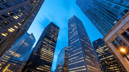 Obraz premium Stunning urban skyline with tall skyscrapers illuminated at twilight against a beautiful sky : Generative AI